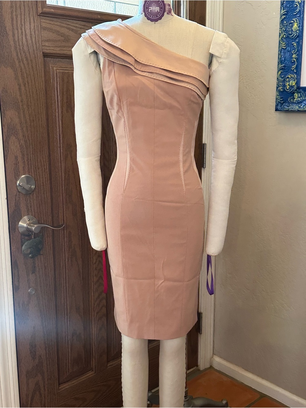 Karen Miller-Blush One-Shoulder Sheath Dress